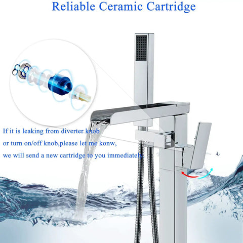 Floor Mount Waterfall Tub Filler Faucet Chrome Finish with Hand Shower, showing water flow and diverter knob