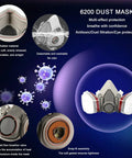 Pro Grade All In One Heavy Duty Respirator Mask With Filters And Safety Glasses, Includes 20 Spare Dust Pads features and close-up view