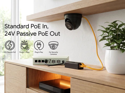 Check Out This Adnet 48V To 24V Passive PoE Converter Inline Adapter With Rj45 Male Female Ends Perfect For Ubiquiti Aircam Cameras And Legacy Devices That Need A Quick Drop Down Step Down From Switches, showing setup with PoE connections.
