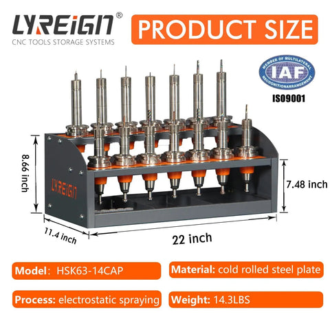 Front view of Go To Desktop CNC Tool Rack for Workshop and Garage, cold rolled steel and ABS, 2-layer storage for CNC bits