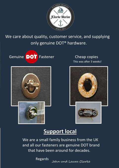 Comparison of genuine DOT fasteners and inferior copies for marine hardware applications.