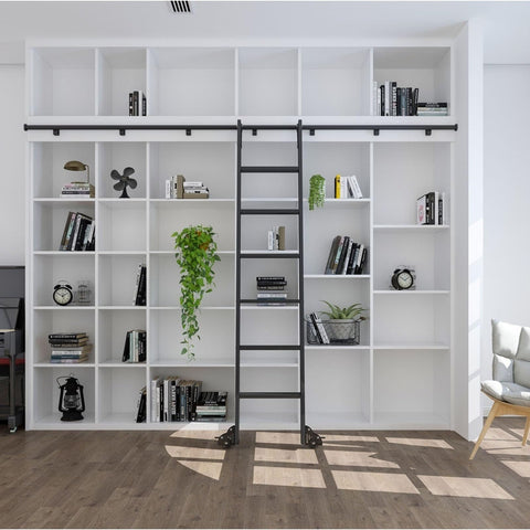 Rolling Ladder Hardware Kit With Metal Track System And Floor Rollers Black Finish No Ladder Included Installed on Bookshelf