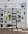 16-Foot Rolling Ladder Hardware Kit With Metal Track System And Floor Rollers, Black Finish installed on shelves
