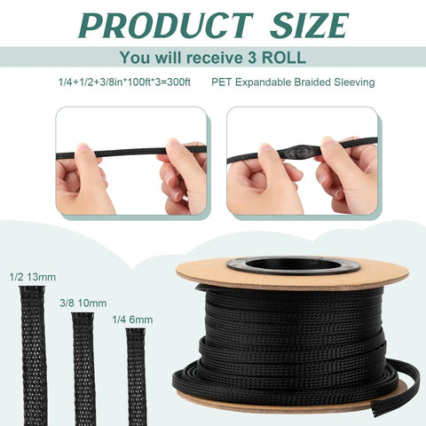 Hands demonstrating 300 Ft Braided Wire Loom Kit in quarter inch, half inch, and three eighths inch PET cable sleeving