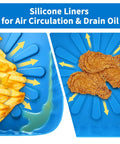 Blue 9 Inch Silicone Liners For 6 Qt To 9 Qt Air Fryers 2 Pack Square Reusable Inserts showing draining oil with fries and chicken