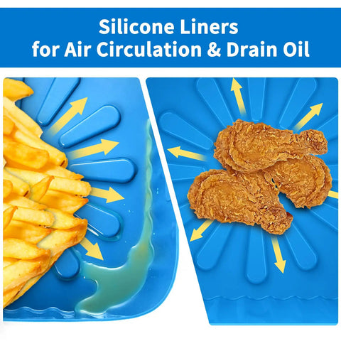 Blue 9 Inch Silicone Liners For 6 Qt To 9 Qt Air Fryers 2 Pack Square Reusable Inserts showing draining oil with fries and chicken