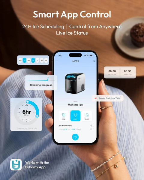 Smart App Control showing settings for Fresh Freeze Countertop Nugget Ice Maker Yields 42 Lbs Soft Sonic Pebble Ice In Minutes.