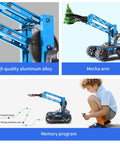 Robotic Arm Kit with blue aluminum Mecha arm on a tracked base, a STEM toy for kids.