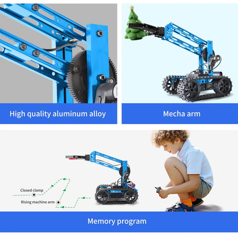 Robotic Arm Kit with blue aluminum Mecha arm on a tracked base, a STEM toy for kids.