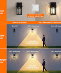 Heavy Duty Matte Black Motion Sensor Outdoor Wall Light With Built In GFCI Outlet showing different brightness modes and sensing angle.