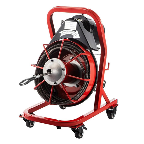 Knockout Heavy Duty Electric Drain Auger With 75 Foot Steel Core Cable, red and black steel design for clearing stubborn clogs.