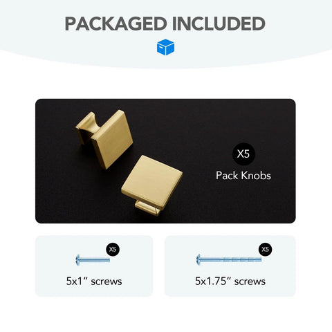 Premium Brushed Gold Cabinet Handles Zinc Alloy Drawer Pulls Modern Arched Kitchen Hardware Single Hole Five Pack showing knobs and screws.
