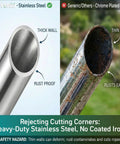 Comparison of stainless steel and chrome plated iron tubes, highlighting thick, rust-proof stainless steel for durable tree rigging gear.