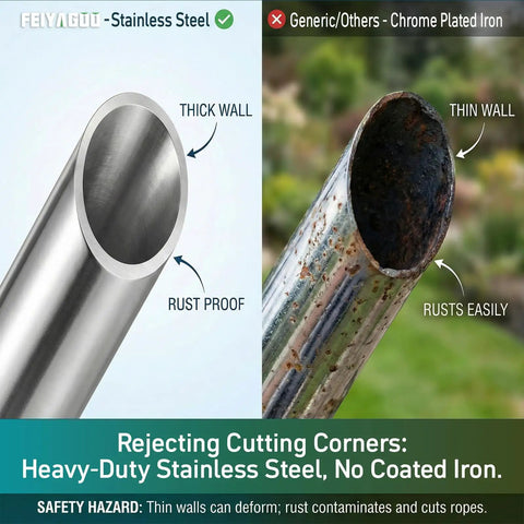 Comparison of stainless steel and chrome plated iron tubes, highlighting thick, rust-proof stainless steel for durable tree rigging gear.