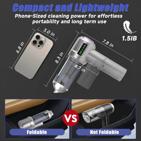 Cordless Car Vacuum With 18000Pa Brushless Motor, 120W Beast Handheld Vacuum And Air Duster, Foldable Mini Vacuum Cleaner With LED Screen, size comparison with smartphone and car storage options