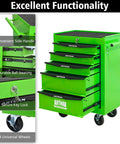 Badass Heavy Duty Steel Rolling Tool Cart With 21 Inch Locking Parking Brake Casters And Friction Free Ball Bearing Slides For Garage Shop Gear Organizer Green showcasing its drawers, handle, and wheels.
