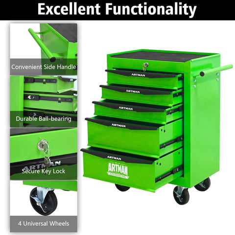 Heavy Duty 21 Inch Rolling Tool Cart With Lockable Steel Chest And Smooth Ball Bearing Slides And Wheel Brakes To Keep It Steady For Top Shelf Tough Garage Workshop Storage with green finish and five drawers.