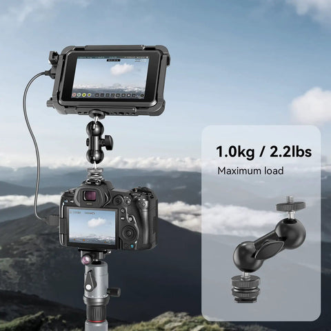 Double Ball Head With Cold Shoe Mount And One Quarter Inch Screws For Monitors in outdoor setup on camera
