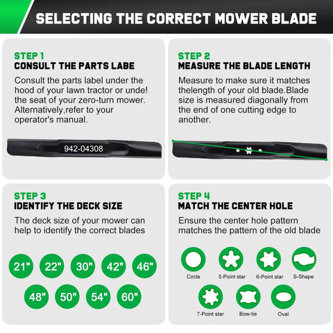 Guide for selecting 42 Inch Mower Blades Replacement For 942-04308 942-04308A 942-04312 with steps for measurement and fit