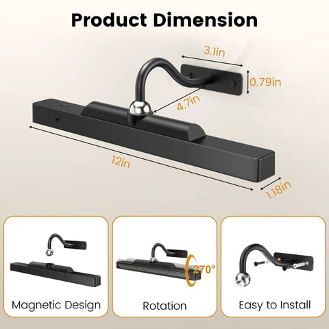 Dimensions and features of the Rechargeable 12 Inch Wireless Picture Light With Dimmable LED, Remote Control, Black