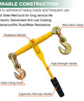 Beefy Ratchet Load Binders Three Eighths To One Half Inch Two Pack With Grab Hooks 9200 Lbs Working Load Grade 70 80 Chain Tie Downs For Transport Towing Hauling And Flatbed Trailers; features labeled parts like thickened ratchet and ergonomic handle.
