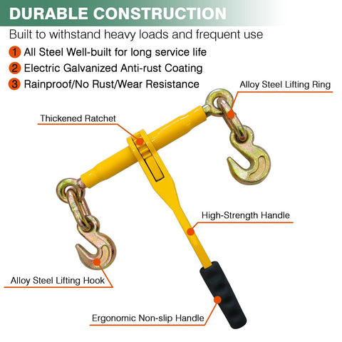 Beefy Ratchet Load Binders Three Eighths To One Half Inch Two Pack With Grab Hooks 9200 Lbs Working Load Grade 70 80 Chain Tie Downs For Transport Towing Hauling And Flatbed Trailers; features labeled parts like thickened ratchet and ergonomic handle.