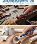 Heavy Duty 11 Blade HSS Deburring Tool Kit For Metal And PVC, ergonomic blue handle used on copper and PVC pipes.