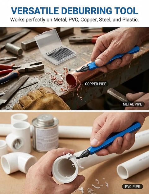 Heavy Duty 11 Blade HSS Deburring Tool Kit For Metal And PVC, ergonomic blue handle used on copper and PVC pipes.
