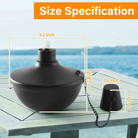 Size specifications of the 4 Pack Metal Tabletop Torches 22oz Citronella Scented Outdoor Torches for Patio Deck and Garden.