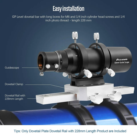 Guidescope mounted on Beefy Deluxe Dovetail Mount Plate For Telescopes And Guidescope, Vixen Style Rail, 228mm Length
