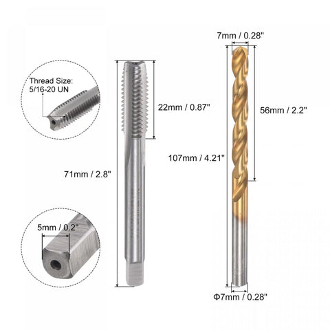Go To 5/16-20 UN Straight Flute Tap And 7.0mm Twist Drill Bit Set Titanium Plated 6542 High Speed Steel Drilling Bits with dimensions