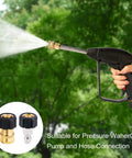 Side view of black pressure washer spray gun with metal wand and brass quick-connect adapters; inset shows fittings.