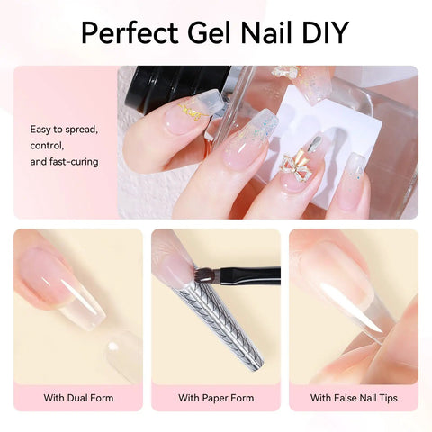 Close-up of nails with Six Neutral Colors Hema Free Poly Nail Gel Kit For Extension Nails Long Lasting Builder Gel Set.