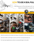 Image demonstrating use of Universal Shaft Seal Puller Kit For Camshaft And Crankshaft Seals With Hook Tool No Fuss Oil Seal Removal.