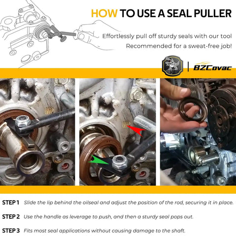 Image demonstrating use of Universal Shaft Seal Puller Kit For Camshaft And Crankshaft Seals With Hook Tool No Fuss Oil Seal Removal.