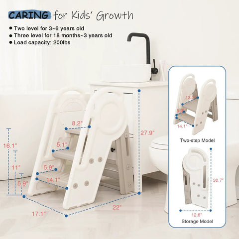 Hassle Free Three Step Bathroom Stool For Toddlers With Adjustable Handlebars, foldable and built tough for easy sink access.