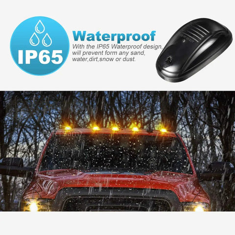 Amber 24 LED Smoke Cab Roof Marker Lights Kit With Wire Harness installed on truck under rain showcasing waterproof feature
