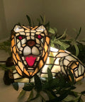 Roaring Lion Table Lamp Tiffany Style Stained Glass Accent Night Light, kid-friendly decor with inline switch, glowing warm white
