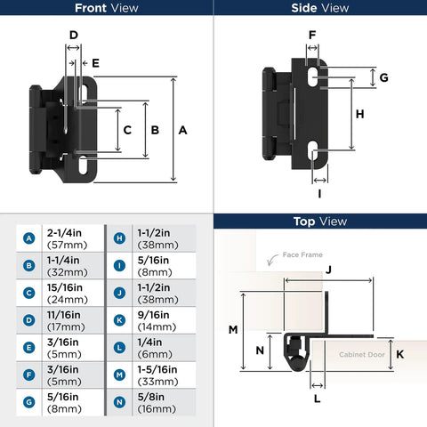 Heavy Duty Quarter Inch Overlay Cabinet Hinges In Slick Matte Black Finish dimensions in front, side, and top views for modern kitchen setups.
