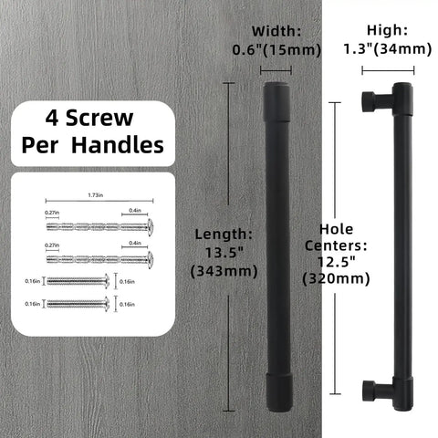 Two Pack Matte Black Cabinet Pulls With 12.6 Inch 320mm Hole Centers showing dimensions and screws included