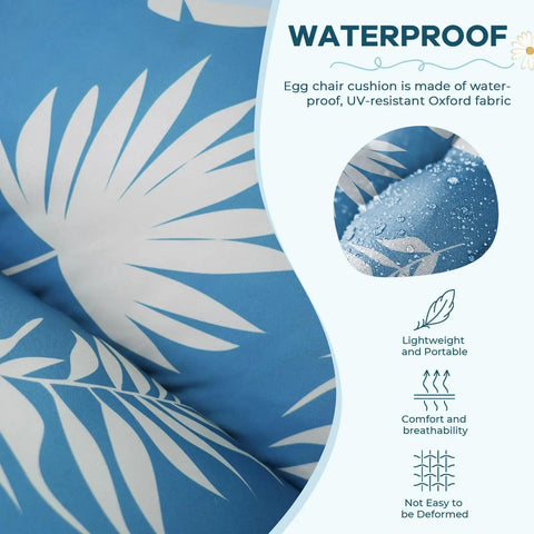 Waterproof Outdoor Egg Chair Cushion Replacement With Ties For Hanging Egg Couch 47 By 35 By 7 Inches Thick Plush Comfy Cushion Blue Leaf Color Fits Most Egg Chairs, showing blue leaf design and waterproof fabric.