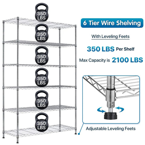 Heavy Hitter Six Tier Garage Shelving Rack With Locking Casters 6000 Lbs Capacity No Sweat Steel Wire Shelf Adjustable Height Chrome Storage Tower For Garage Or Workshop Organization