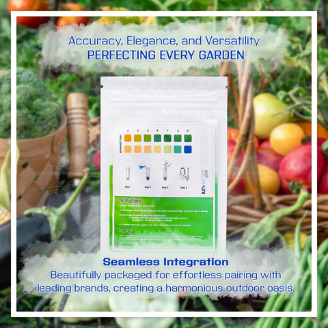 Iron-Tone 5 Lb Iron Supplement For Deeper Green Lawns And Garden Plants with pH soil test strips packaging, garden produce background.