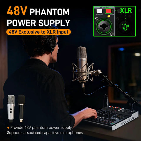 Man using Six Channel Audio Mixer With USB Audio Interface And Bluetooth, 24 Bit 192 kHz Recording in studio