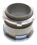 No Sweat Non-Metallic ENT Quick Snap Connector With Heavy Duty Lock Nut One Half Inch Gray Fifty Pack showing interlocking design for electrical conduits.
