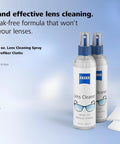 Front view of ZEISS Lens Care Pack: two 8 oz spray bottles with blue caps and two microfiber cloths for eyeglasses.