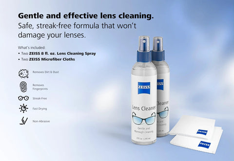 Front view of ZEISS Lens Care Pack: two 8 oz spray bottles with blue caps and two microfiber cloths for eyeglasses.