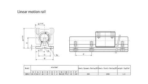 Technical drawing of 2000Mm Linear Rail Kit With 100 Rails And 200 SBR12UU Blocks, End Stops Included for CNC routers and 3D printers