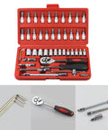 Heavy Duty Motorcycle And Electric Bike Repair Kit 46-Piece Set With Sturdy Carrying Case, open showing tools, close-up detail