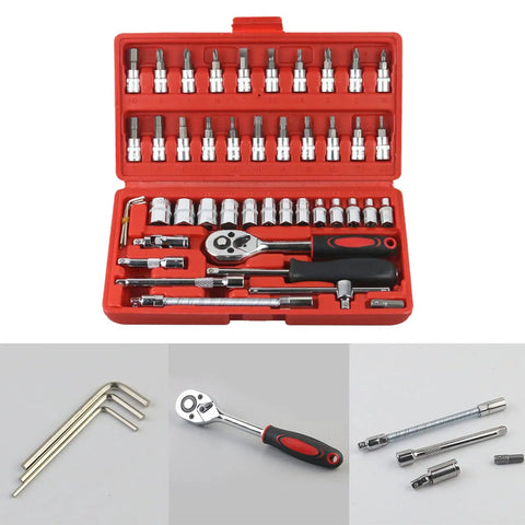 Heavy Duty Motorcycle And Electric Bike Repair Kit 46-Piece Set With Sturdy Carrying Case, open showing tools, close-up detail